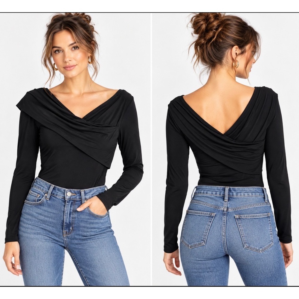 BCBGMAXAZRIA Black Off Shoulder Draped Faux Wrap Bodysuit Long Sleeve Sz S